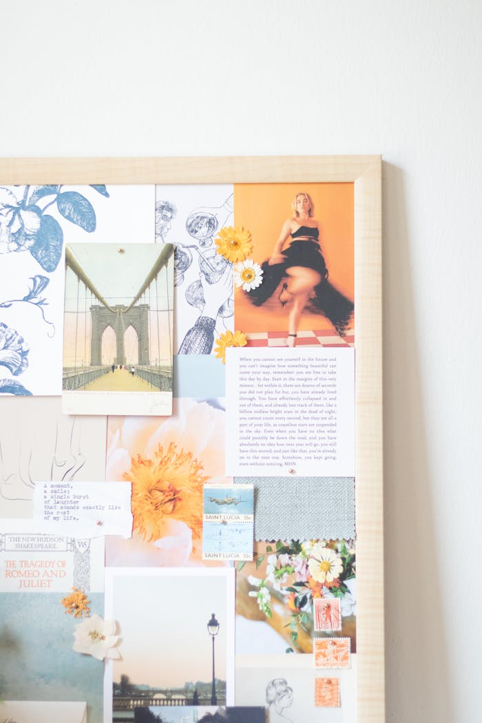 Aesthetic cork board collage featuring art prints, floral patterns, and personal photographs.